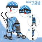 Magshion Compact Pet Stroller for Small-Medium Dogs/Cats up to 22lbs, 4-Wheel Lightweight Umbrella Shaped Portable Puppy Travel Jogger with Breathable Mesh & Rear Storage, Sky Blue Polka Dots