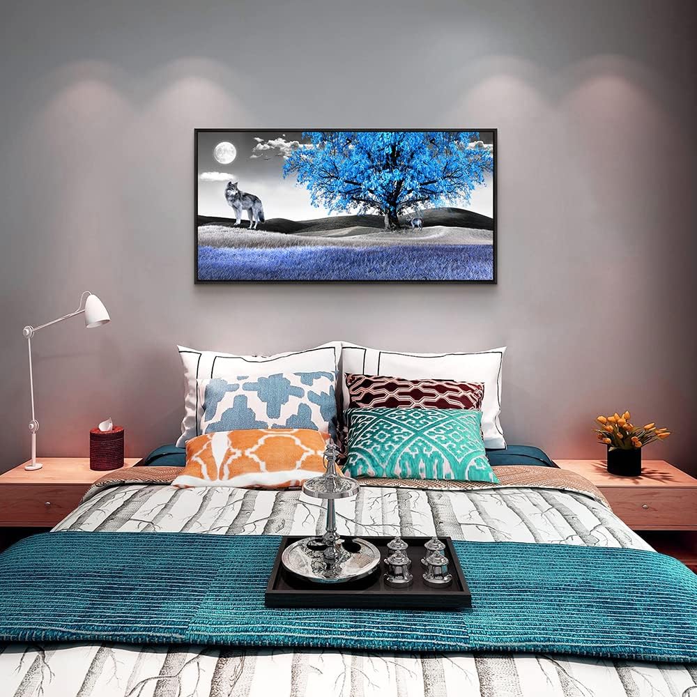 Framed Canvas Wall Art For Living Room Family Wall Decorations For Bedroom Modern Office Wall Decor Paintings Blue Tree Landscape Pictures Artwork Canvas Art Prints Home Decor Black Frame 20" X 40"