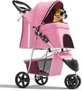 Magshion 3-Wheel Pet Stroller for Small/Medium Dog Cat, Up to 33lbs, Pink | Foldable Travel Jogger w/ Breathable Mesh Cover, Lightweight Design, Safety Tethers, Cup Holder & Storage Basket