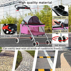 4 Wheels Pet Stroller,Dog Cage Protable Travel Folding Carrier Cart Waterproof Buggy Doggie Dog Stroller Jogger with Cup Holders for Small-Medium Pink