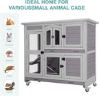2-Tier Indoor Rabbit Hutch Bunny House Guinea Pig Cage with Sliding Plastic Trays, Wheels & Ramp, 47.2" Multi-Door Wooden Small Animal Cage for Rabbits, Bunnies, and Guinea Pigs (Grey)