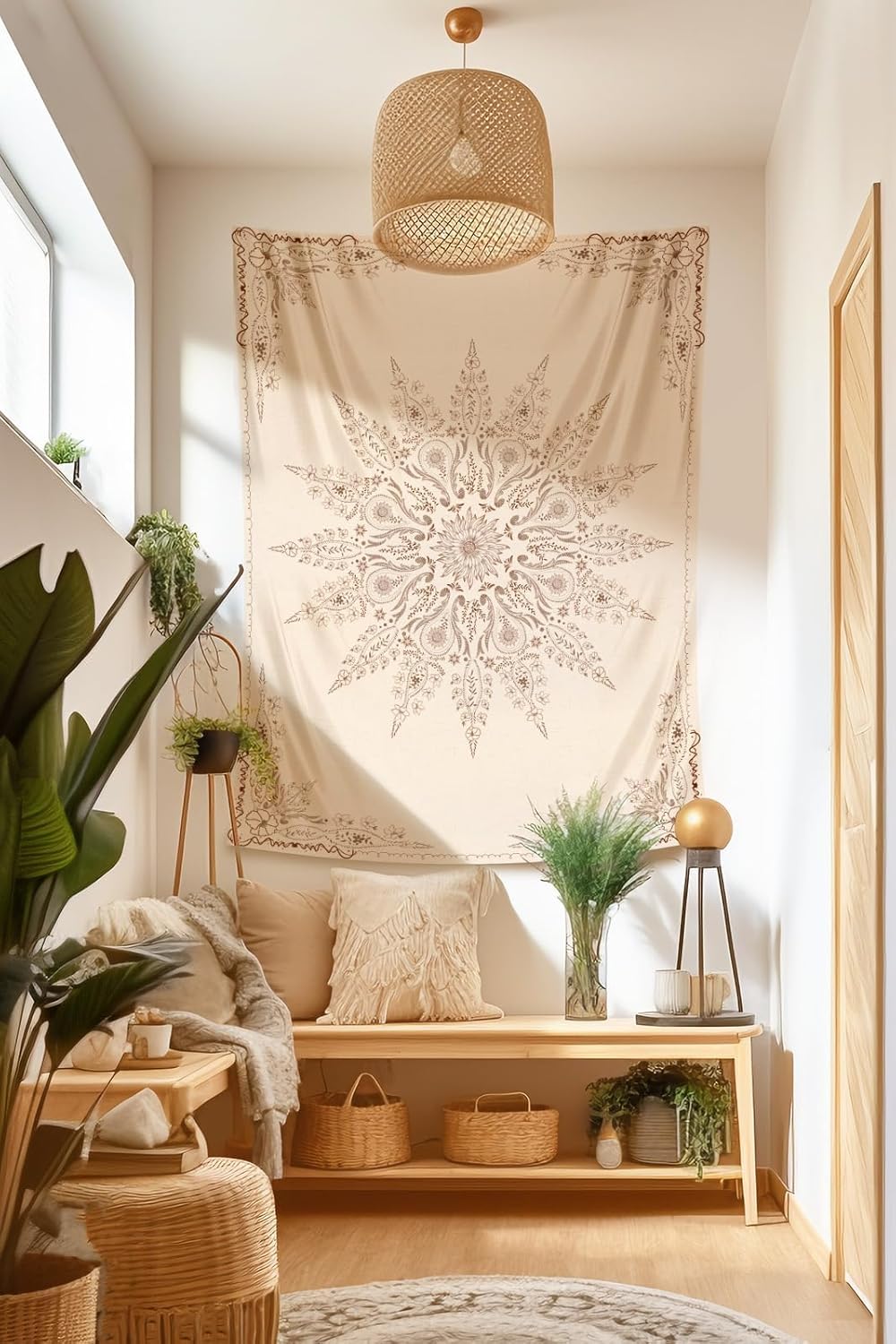 Damanse Floral Tapestry Wall Hanging Cute,Boho Wall Tapestry for Bedroom Aesthetic,Mandala Living Room Decor for Teen Girls (Flaxen, 70.9"x90.6")