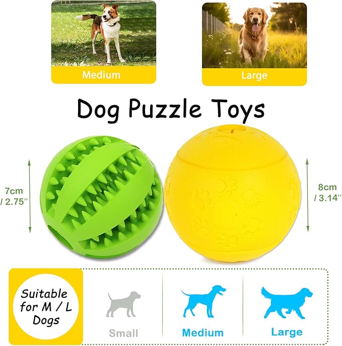 Dog Puzzle Toy, Treat and Dental Balls, Interactive Treat Dispensing Toy for Dogs, Durable Puppy Toys for Teething Small Dogs, Rubber Teeth Balls, Slow Feeder, 2-Pack (Medium Large)