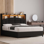 Full Size Bed Frame with Headboard, Velvet Upholstered Bed Frame with LED Lights, Full Size Platform Bed with Wooden Slats Support, No Box Spring Needed, No Noise, Black