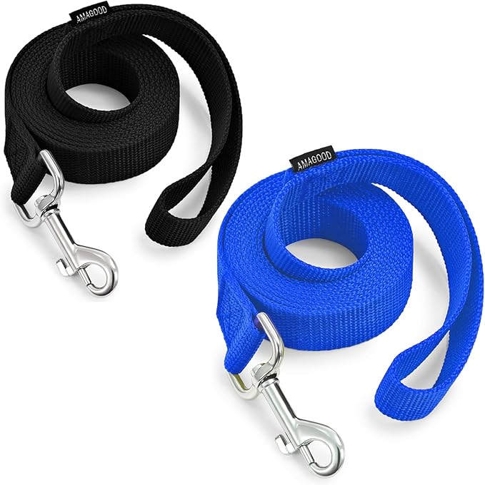AMAGOOD 6 FT Puppy/Dog Leash, Strong and Durable Traditional Style Leash with Easy to Use Collar Hook, Great for Small, Medium and Large Dogs (1" x 6 ft, Black and Blue (2-Pack))