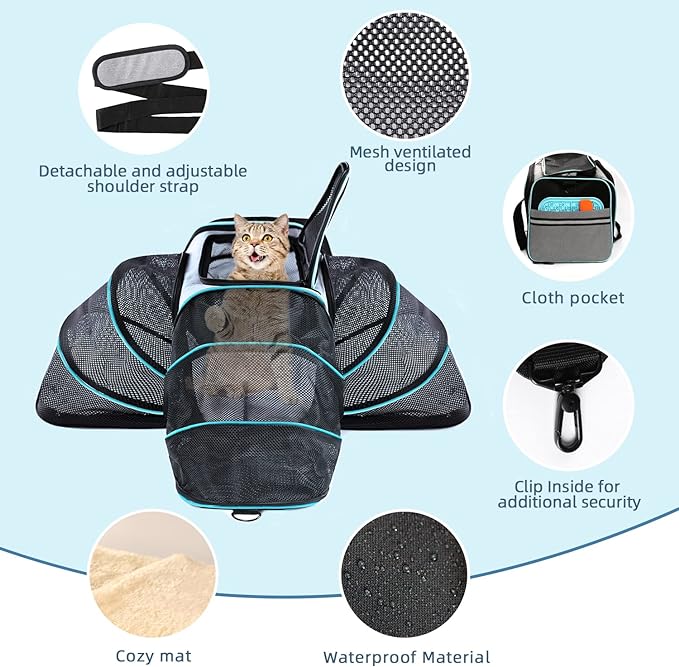 Cat/Dog Airline Approved Expandable Pet Carrier for Small Pets - Removable Pad, Pockets, TSA Compliant