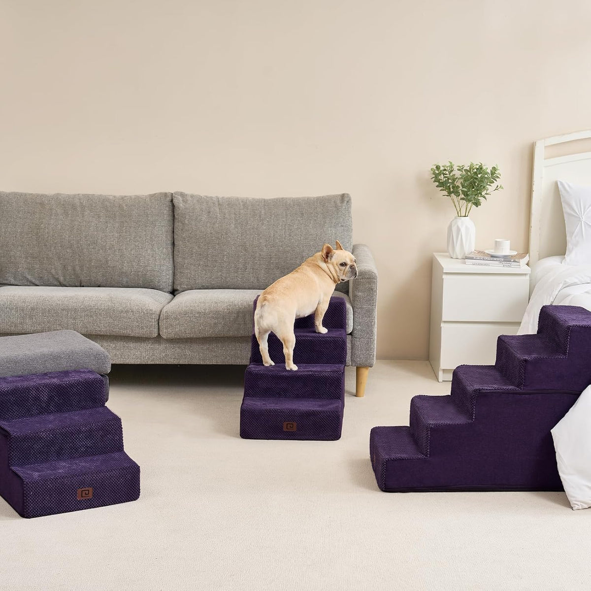 EHEYCIGA Dog Stairs for High Bed 22.5" H, 5-Step Dog Steps for Bed, Pet Steps for Small Dogs and Cats, Non-Slip Balanced Pet Ramp Indoor, Purple