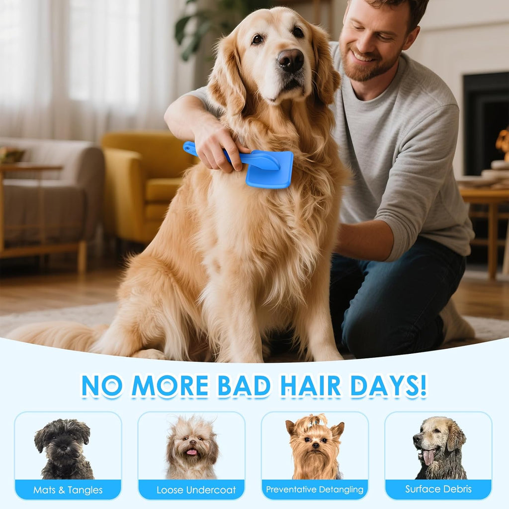 Large Slicker Brush for Dogs - 3PC Pet Grooming Kit - Undercoat Rake & Stainless Comb | Long Pins Remove Mats on Poodles, Golden, Labradoodles | Thick Coat Deshedder for Dogs, Cats, Blue