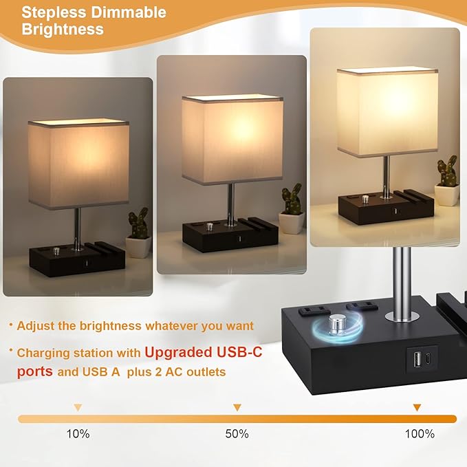 Kakanuo Table Lamp for Bedroom with Dual USB Ports, Grey Fully Dimmable Bedside Lamp with Phone Stands and 2 Charging Outlets, Desk Lamp for Nightstand and Living Room, LED Bulb Included