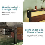 Bestier King Bed Frame with Storage Headboard and Charging Station, Walnut Platform Bed Frame with LED Light, Non-Slip Metal Bed Frame, Noise-Free, Easy Assembly,Brown