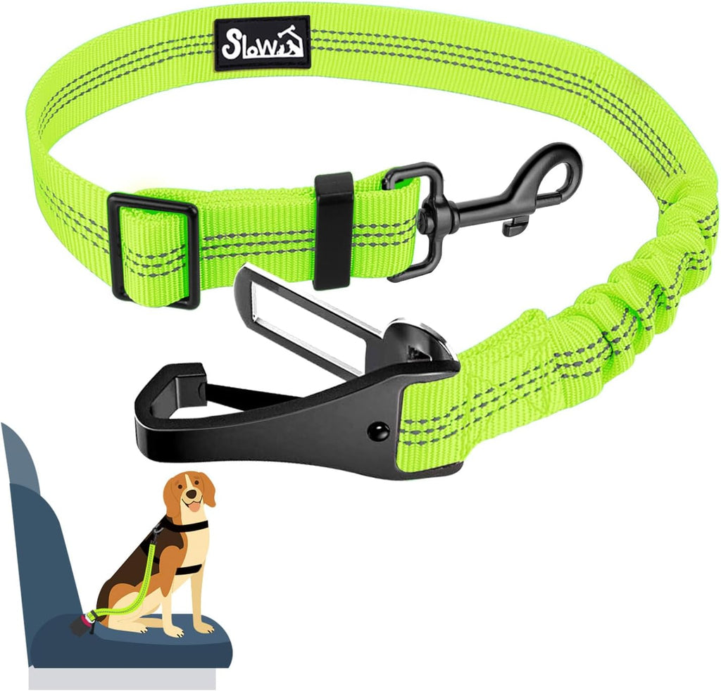 SlowTon Dog Seat Belt, Adjustable Dog Safety Belt Leash, 2 in 1 Latch Bar Attachment Dogs Car Seatbelt with Elastic Nylon Bungee Buffer, Reflective Nylon Belt Tether(VL,35.5in)