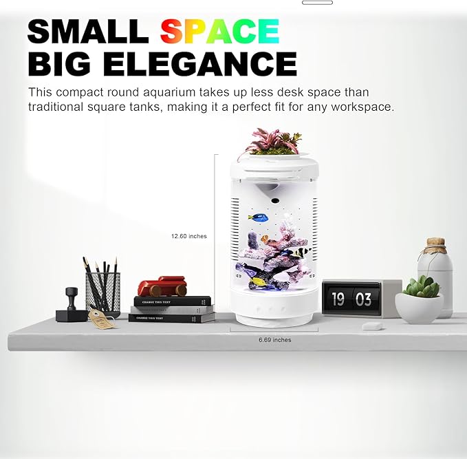 FZONE 1.2Gal Small Fish Tank with Plant Pot, All-in-one Desktop Aquarium Kit with Adjustable 4 Color Light Modes,20dB Filtration Pump,Detachable Backdrop,Invisible Touch Switch, Office & Home Decor