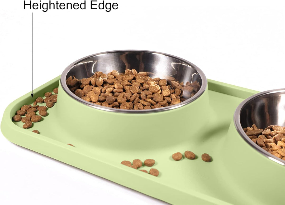 Cat Food Bowls, Cat Bowls Non-Skid and Non-Spill Silicone Pads with PP Stand, Removable Stainless Steel Food and Water Dishes for Cats, Small Size Dogs