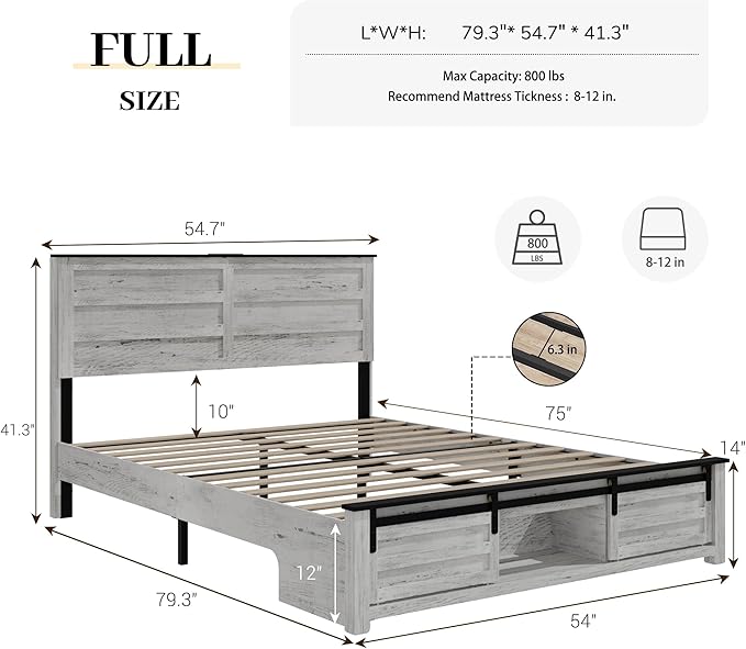 Full Size Bed Frame with Wood Headboard, Wooden Platform Bedframe with Sliding Barn Door Footboard and Charging Station Easy Assembly, No Box Spring Needed (Boho White, Full)