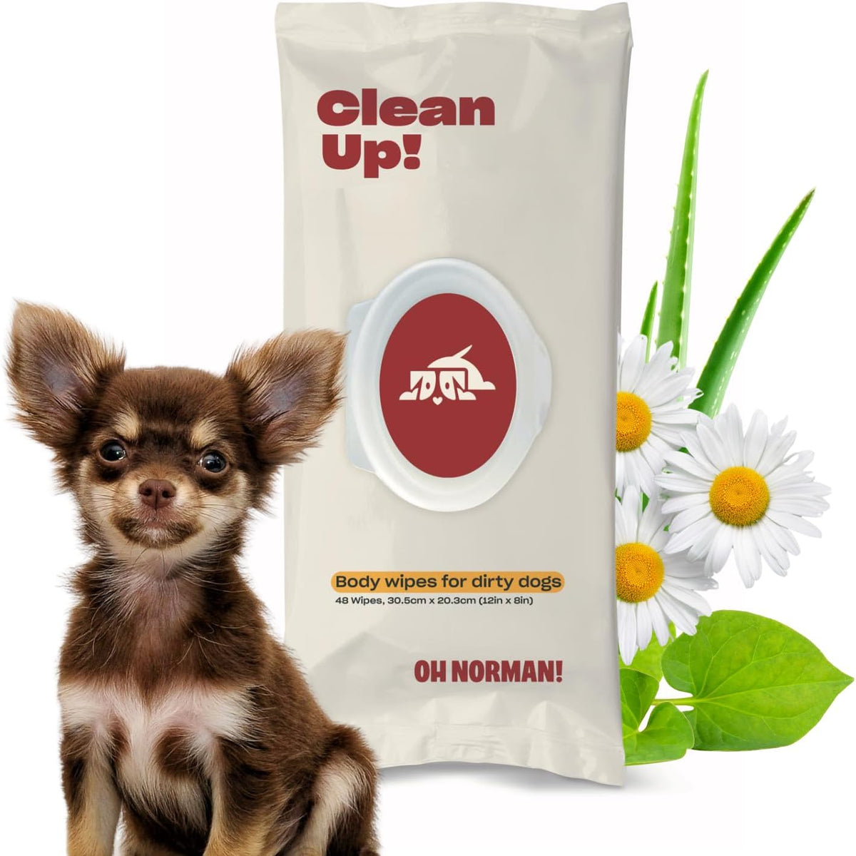 OH NORMAN! Clean Up Body Wipes for Dogs by Kaley Cuoco, Gentle Pet Grooming Wipes, Plant-Based and Unscented, 48 Count