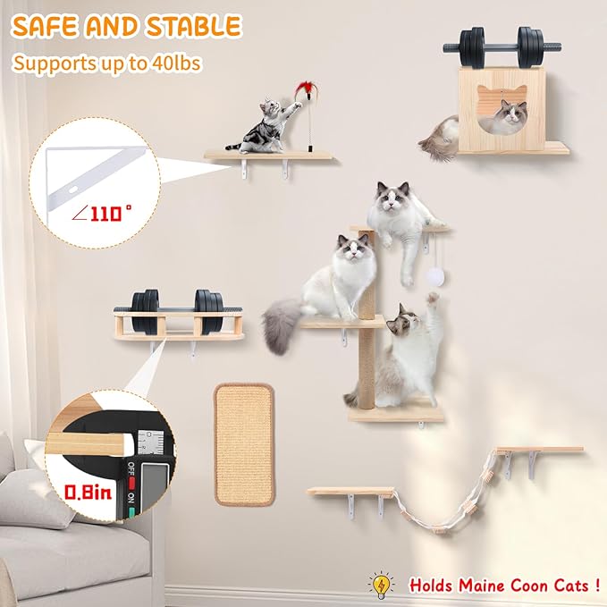 Cat Wall Shelves, Solid Wooden Wall-Mounted Cat Furniture, Set of 6 Cat Climbing Shelves with House, Bed, Bridge, Tree, Steps and Scratcher
