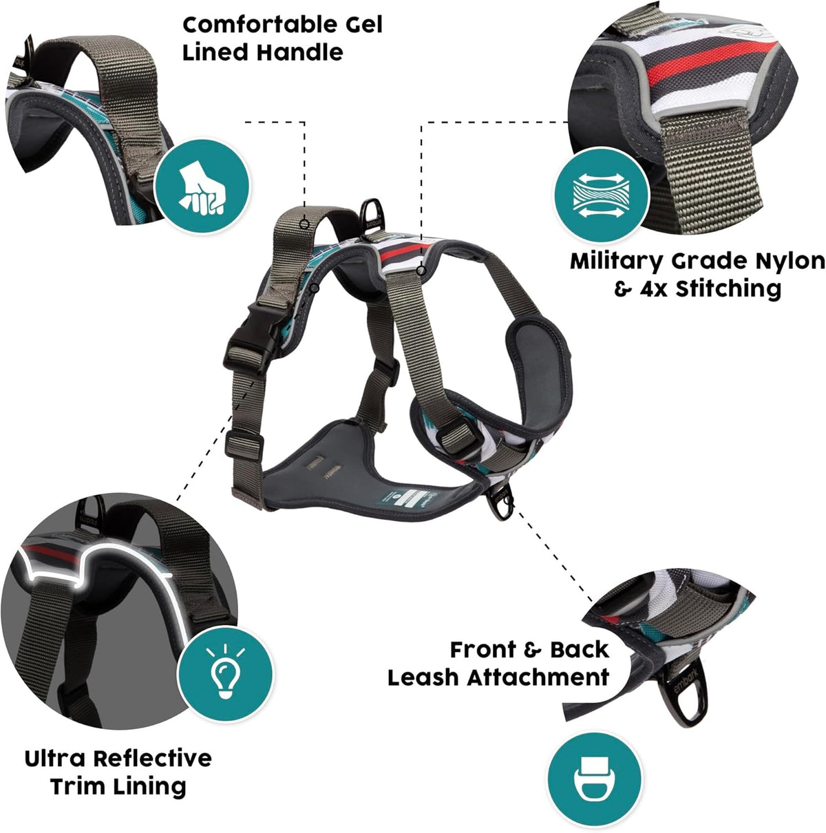 Embark Adventure Dog Harness, Reflective Trim No Pull Dog Harnesses for Small Sized Dogs - Military Grade Nylon, Front Clip with Gel Lined Handle.