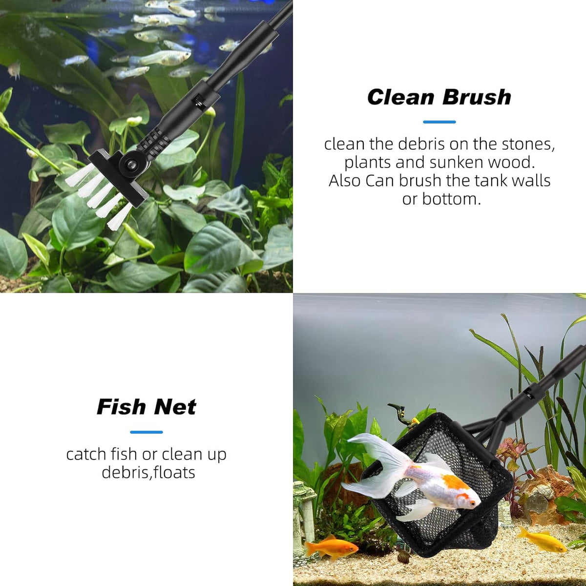 hygger Small Fish Tank Cleaner, Aquarium Cleaning Tools Kit with Handle, Seaweed Scraper, Fishing Net, Sponge Brush,Wall Brush (M)