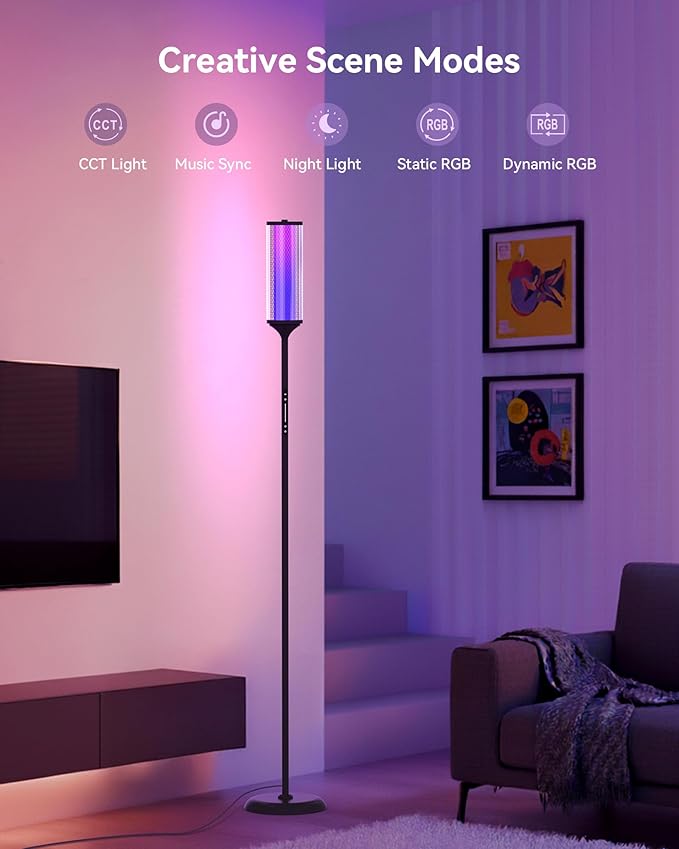 JOOFO RGBICW Corner Floor Lamp with Glass Shade, Color Changing LED Lamp with Music Sync, Smart App & Remote Control, Ambient Lighting with 16 Million Colors for Bedroom, Living Room, Gaming Room