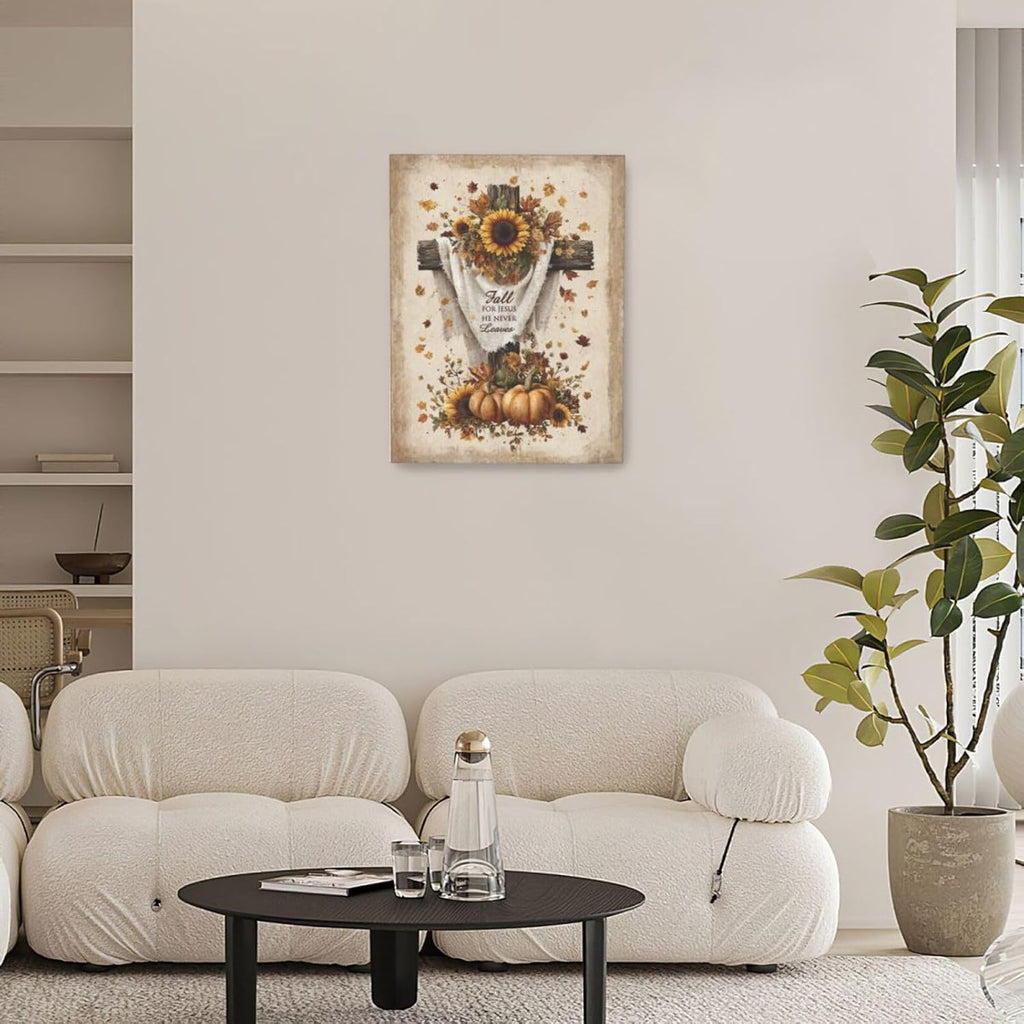 Christian Fall Wall Art Autumn Rustic Cross Sunflower Pumpkin Wall Decor Fall for Jesus He Never Leaves Pictures Painting Print Framed Artwork Decorations Gifts for Living Room Bedroom Prayer Room Office 12"x16"