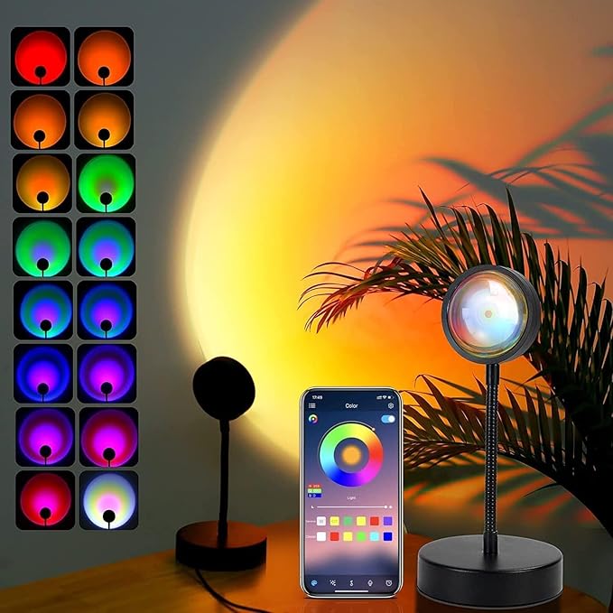 Sunset Lamp Projector - Led Lights for Bedroom, RGB Sunrise Lamp, 10w, 360 Rotation, Mood Lighting, Home/Room Decor, Christmas Gifts for Women, Desktop APP