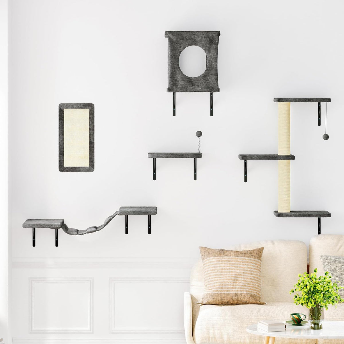 NUNU LAB Cat Wall Shelves Set, 5 Pcs Wall-Mounted Cat Climber with Cat House, Bridge, Scratching Post, Hammock, Wall Shelves, Gray