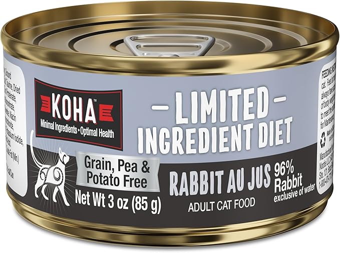 KOHA Limited Ingredient Diet Rabbit Pate for Cats - Single Meat Wet Cat Food for Sensitive Stomachs - *New Batch 2025, Improved, Smooth Texture* - Pate Cat Food, No Fillers - 3oz Pack of 24