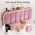 Full Size Bed Frame with 4 Storage Drawers and LED, Adjustable Clouds Headborad, Velvet Upholstered Platform Full Bed Frame with Charing Station, Wood Slats Support, No Box Spring Needed,Pink