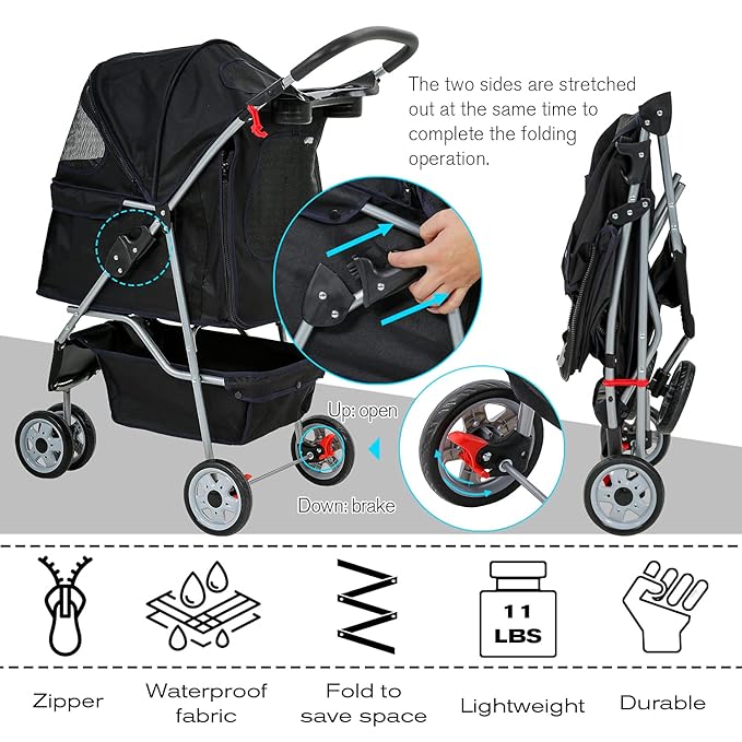 HCY Folding Dog Stroller, 3 Wheels Pet Strollers Pet Gear for Small Medium Cats Dogs Puppy with Storage Basket, Cup Holder,Lightweight-Black, 35x17x38 Inch