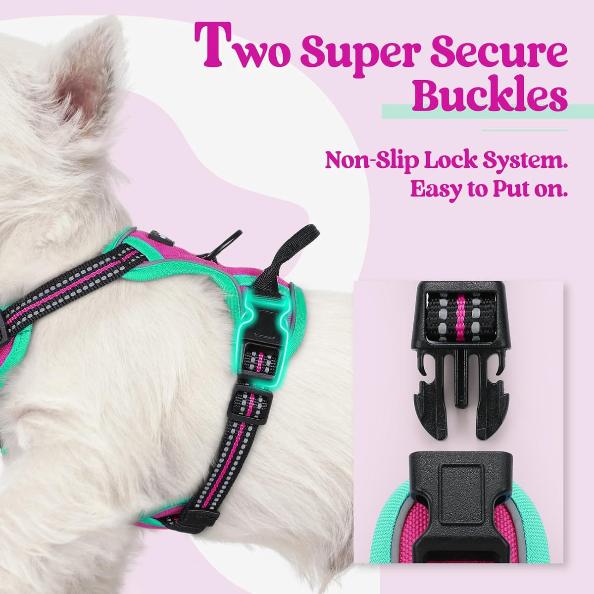 rabbitgoo Dog Harness No Pull with 2 Leash Clips, Adjustable Soft Padded, Reflective Oxford No Choke Pet Vest with Easy Control Handle for Large Dogs, Hot Pink & Turquoise, XS