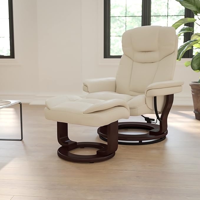 Flash Furniture Allie LeatherSoft Upholstered Recliner with Ottoman Footrest, Padded Swiveling Recliner Chair and Ottoman Set, Beige