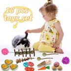 Grddaef 18 PCS Bunny Toys, Rabbit Toys Guinea Pig Toy Natural Apple Wood Grass Timothy Sticks Chew and Treat for Guinea Pigs Hamster Chinchillas