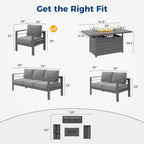 Wisteria Lane 7 Seats Aluminum Outdoor Patio Furniture Set with 54 Inch Propane Gas Fire Pit Table, Modern Patio Conversation Sets with Outdoor Sectional Couch for Backyard, Garden, Dark Grey
