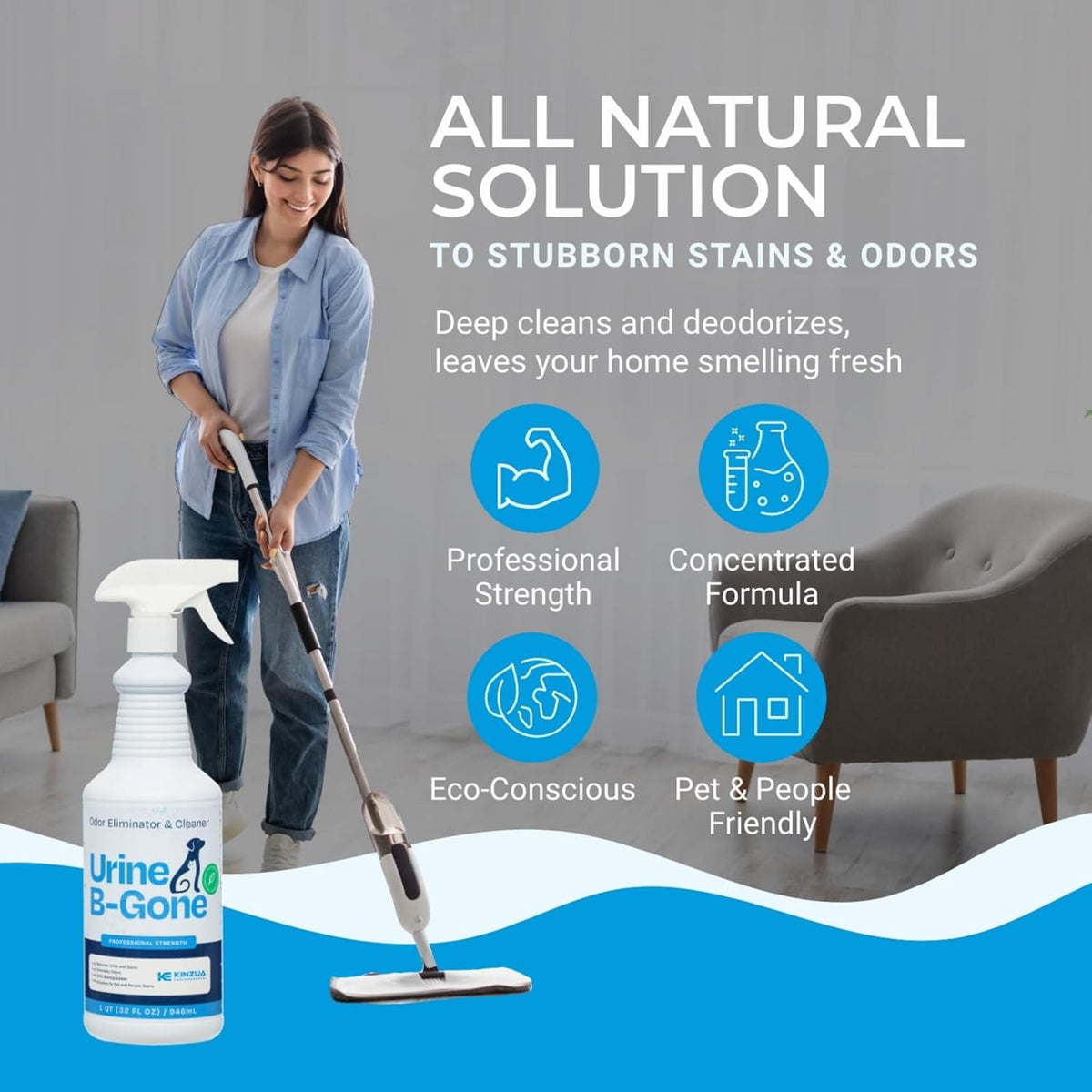 KINZUA ENVIRONMENTAL Urine B-Gone, Professional Enzyme Odor Eliminator & Pet Stain Remover, Human, Cat & Dog Urine Cleaner, Effective on Laundry, Carpets & More, Original Scent, 32oz