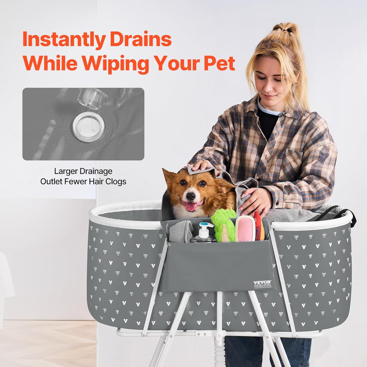 VEVOR Portable Dog Bathtub, Elevated & Foldable Space-Saving Pet Shower Station with Efficient Drainage, Bathing Tub for Washing & Grooming Small and Medium Size Dogs and Cats Indoor & Outdoor, Grey