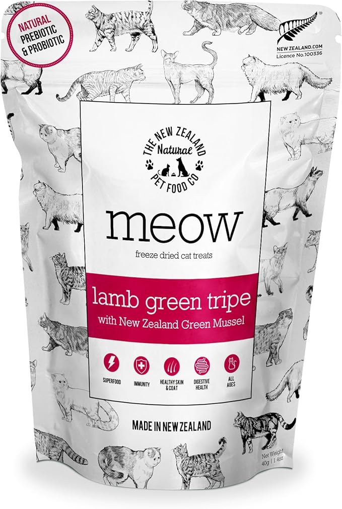 The New Zealand Natural Pet Food Co MEOW Freeze Dried Cat Treats - Lamb Green Tripe with New Zealand Green Mussel, High Protein, Healthy Cat Snacks and Toppers, All Natural for all Life Stages, 1.4 oz