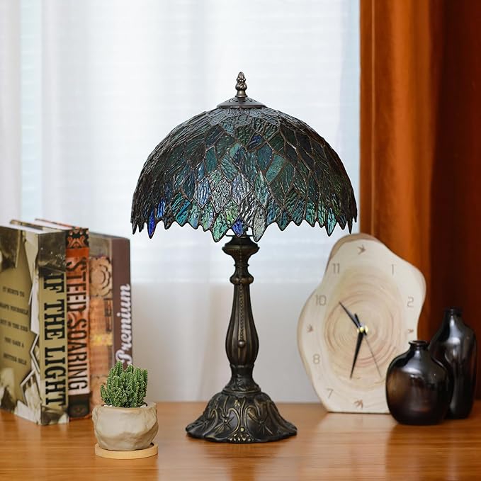 Tiffany Lamps Brownish Green Leaves Style Stained Glass Table Lamp Desk Bedside Reading Light 12X12X18.5 Inches with Bronze Resin Base Applicable to Bedroom Living Room Office