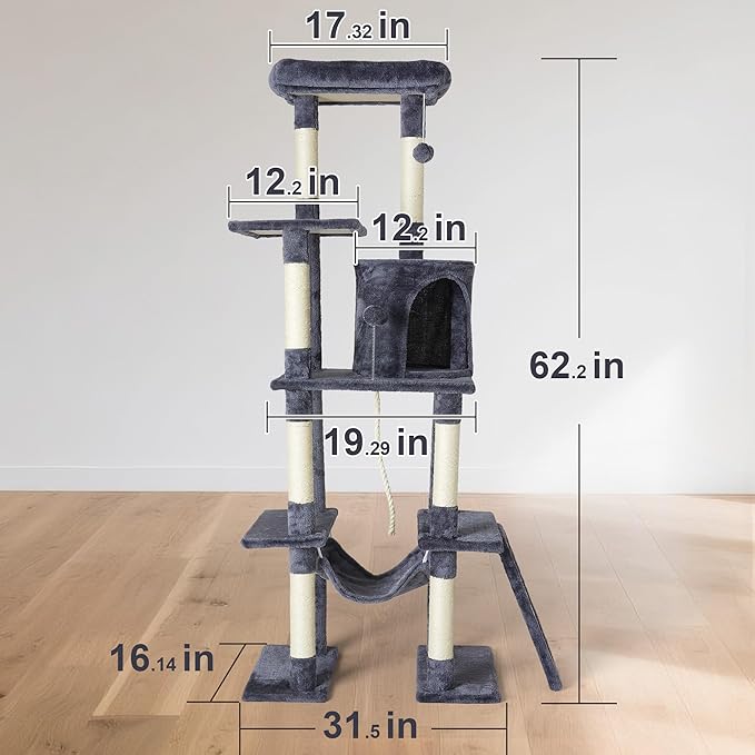 Large Cat Tree,65-inch Tall Multi-Level Cat Tower with Sisal-Covered Scratching Posts, Condo, Hammock, Dangling Ball,Grey