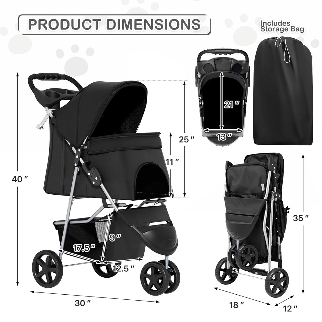 MoNiBloom Foldable Pet Stroller with Weather Cover, 3 Wheels Pet Strolling Cart for Small/Medium Dogs and Cats with Storage Basket and Cup Holder, Breathable and Visible Mesh for All-Season, Black