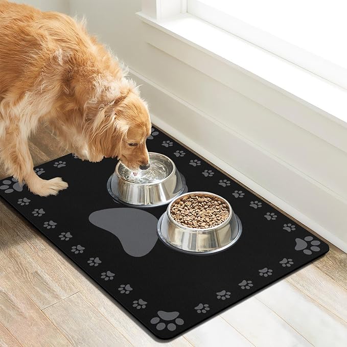 Dog Food Mats for Floor, Absorbent Pet Food Mat - Cat Feeding Mat Quick Dry Dog Bowl Mats for Water Pet Supplies Feeding Placemat 12" x 20" Black