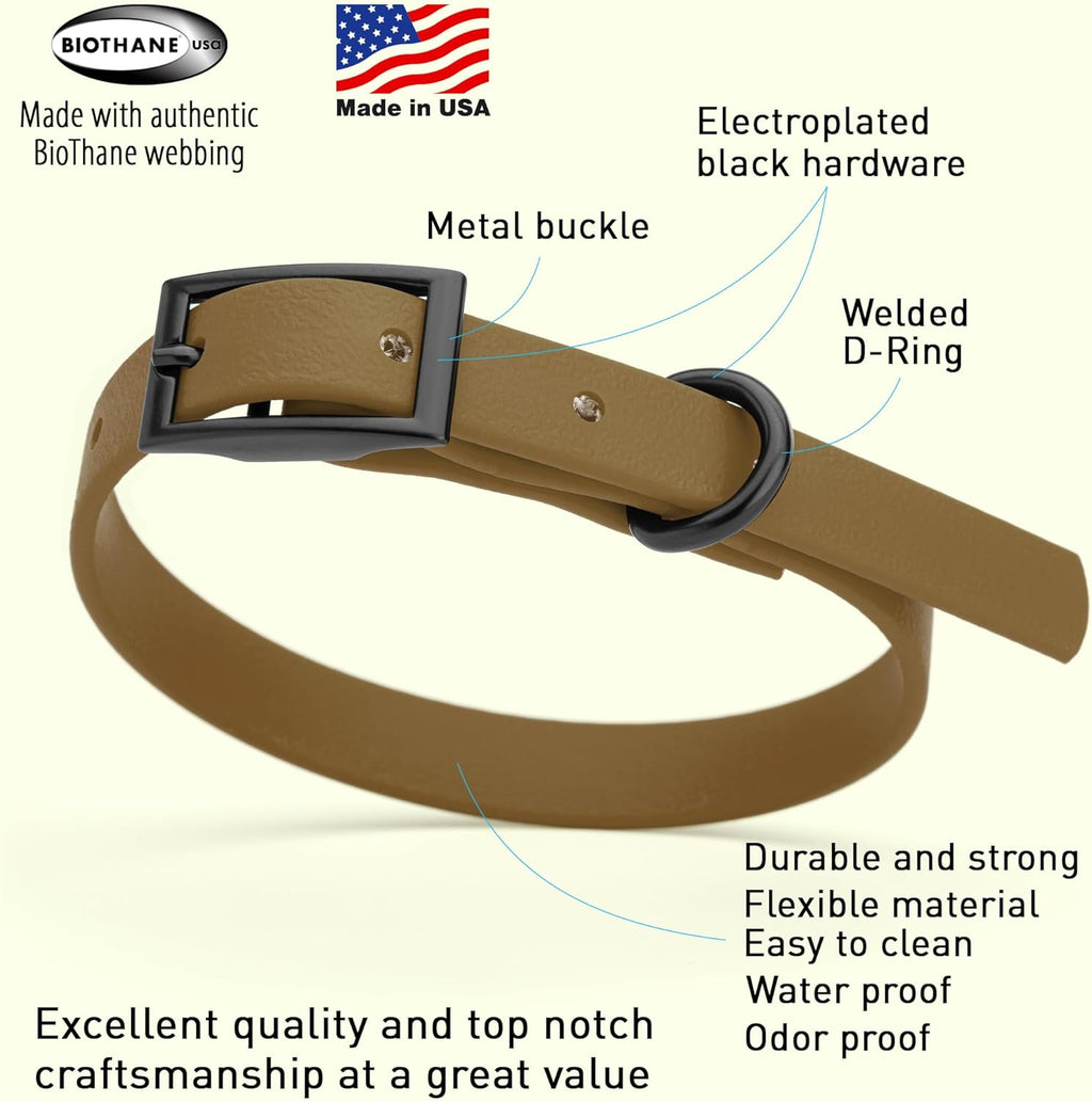 Dogline Biothane Waterproof Dog Collar Strong Coated Nylon Webbing with Black Hardware Odor- Proof for Easy Care Easy to Clean High Performance Fits Small Medium or Large Dogs, Coyote Brown