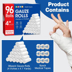 AZEN 96 Pack Gauze Rolls Bandages, 4 in x 4.1 Yards, Premium Medical Supplies & First Aid Supplies, Bandage Wrap Vet Wrap, Mummy Wraps