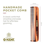 Kent FOT Fine Tooth Handmade Pocket Comb for Men, Women and Kids, Hair Comb Straightener for Everyday Grooming and Styling, Beard and Mustache, Saw Cut, Hand Polished, Made in England
