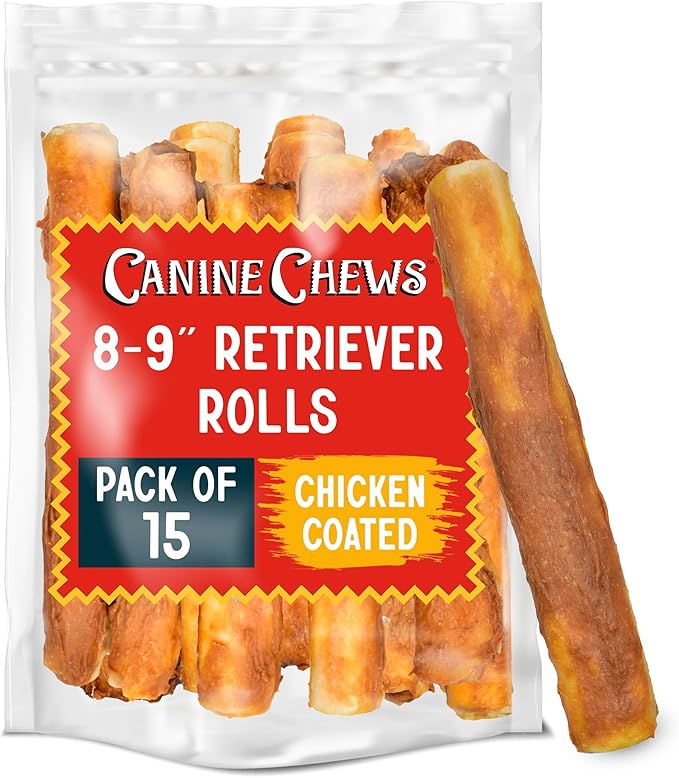 Canine Chews 8-9" Chicken Coated Dog Rawhide Retriever Rolls (15 Pack) - Chicken Rawhide Bones for Large Dogs - 100% USA-Sourced Chicken Coated Dog Rawhide Chews - Healthy Dog Dental Chew Rawhides