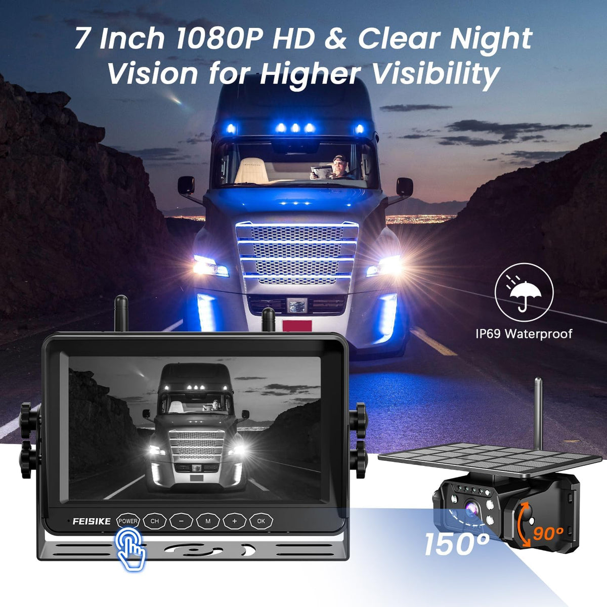 Magnetic Solar Wireless Backup Camera for RV Truck Trailer ??7" 1080P Monitor with Recording, 1-Min Install, No Delay, Wide View, IR Night Vision, 4 Channels, Auto-Sleep Rechargeable Rearview Camera