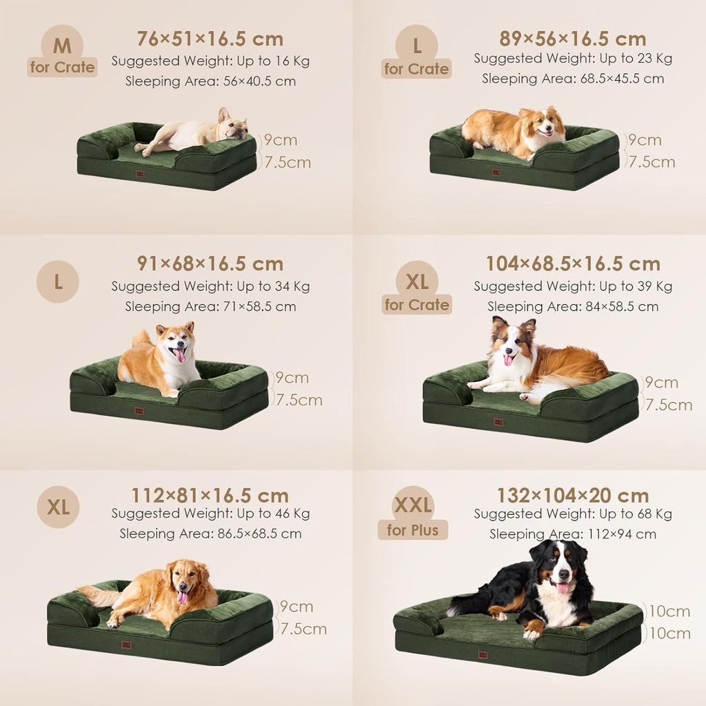 EHEYCIGA Orthopedic Dog Beds for Extra Large Dogs, Waterproof Memory Foam XL Pet Bed with Sides, Non-Slip Bottom and Egg-Crate Foam Big Dog Couch Bed with Washable Removable Cover, Dark Green