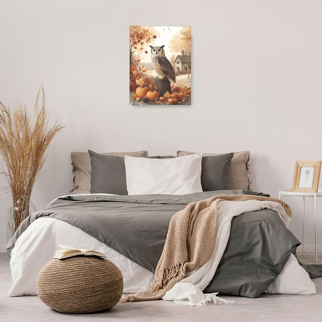 Fall Owl Wall Art Autumn Pumpkin Leaves Wall Decor Rustic Canvas Print Farmhouse Pictures Painting Print Framed Artwork Decorations Gifts for Living Room Bathroom Bedroom Office 16"x20"