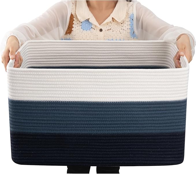 OIAHOMY Large Blanket Basket, 22”x17”x12” Rectangle Woven Baskets, Nursery Blanket Storage Living Room, Toy Storage With Handle, Large Baskets for Organizing-Gradient Blue