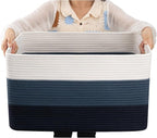 OIAHOMY Large Blanket Basket, 22”x17”x12” Rectangle Woven Baskets, Nursery Blanket Storage Living Room, Toy Storage With Handle, Large Baskets for Organizing-Gradient Blue