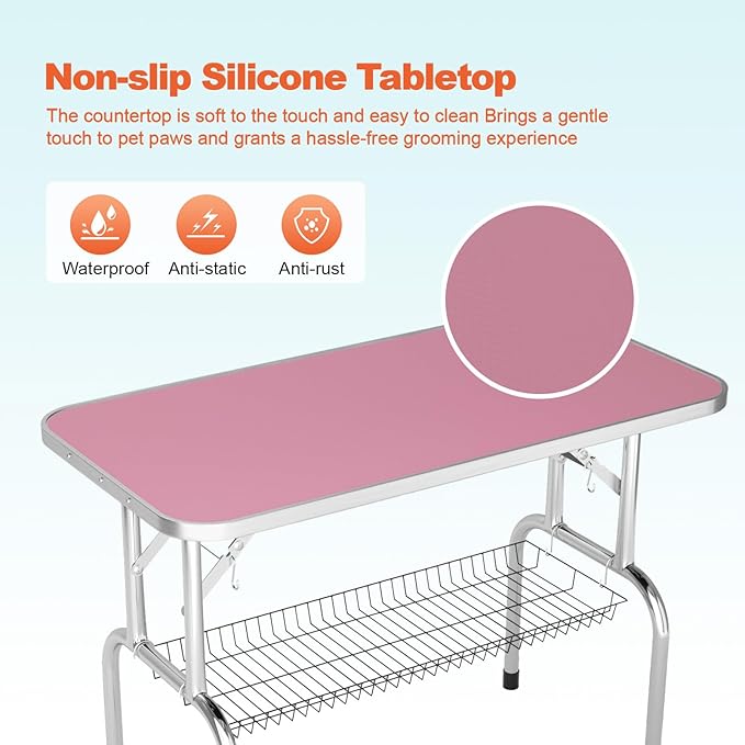 46'' Dog Grooming Table for Large Dogs, Foldable Professional Grooming Table for Dogs at Home with Double Loops/Mesh Tray/Adjustable Arm, Capacity up to 330lbs, Pink